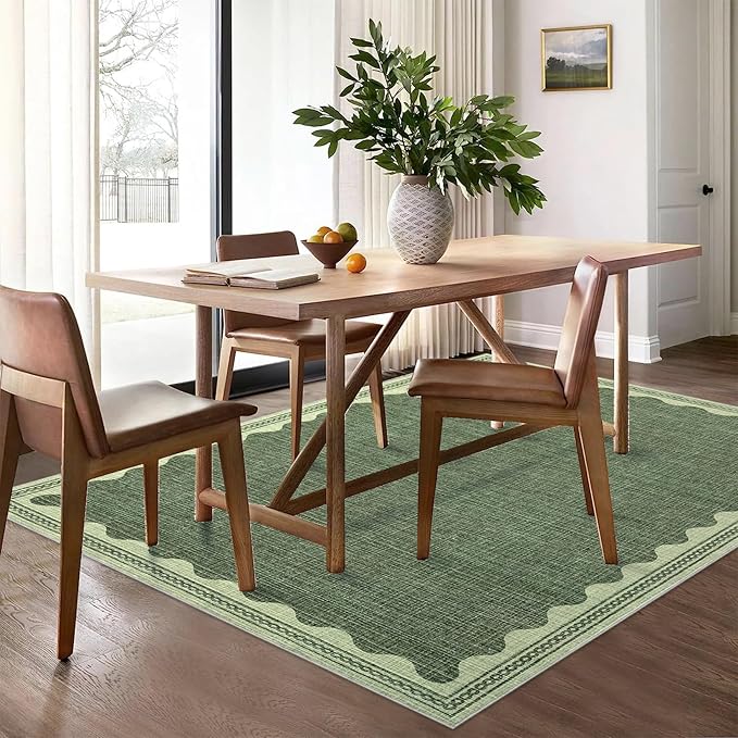 Scalloped Washable Rug 5x7 Area Rugs for Living Room, Solid Green Rug for Bedroom Girls, Non Slip Scalloped Throw Mat with Rubber Back, Soft Dorm Nursery Low Pile Carpet for Dining Room