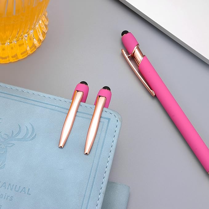 12 PCS 2 in 1 Stylus Ballpoint Pen with Stylus Tip, 1.0 mm Black Ink Metal Pen Stylus Pen for Touch Screens (Rose Gold & Pink)