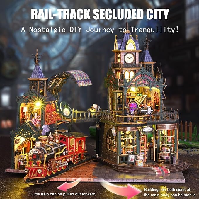 Miniature House Kit, Miniature Kit with Steam Train, Dollhouse Kit for Adults Teen, Mini House Building Kit for Birthday, Rail-Track Secluded City