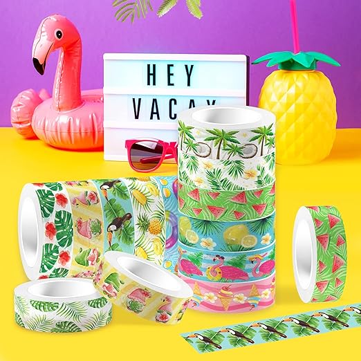 Summer Washi Tape 12 Rolls Aloha Masking Tape Hawaiian Theme Decorative Paper Stickers Flamingo Lemon Watermelon Tape Sticker,for DIY Crafts and Scrapbooking
