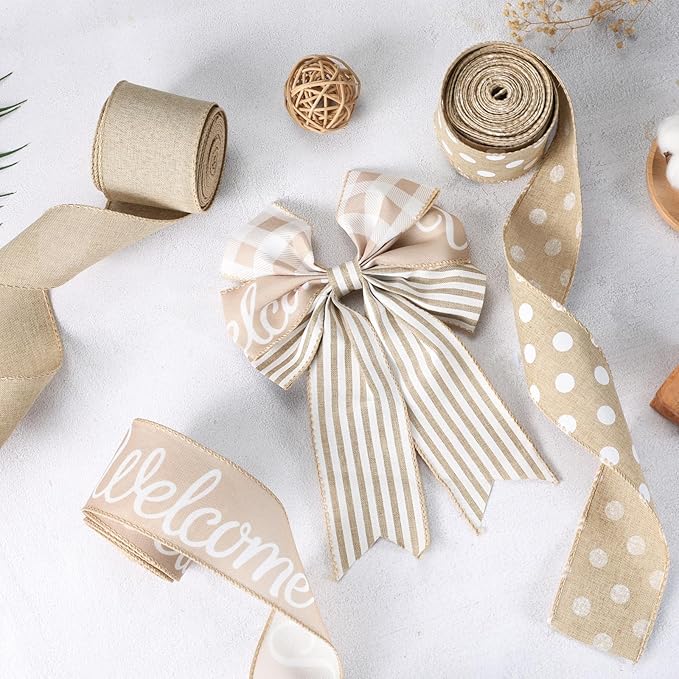 Burlap Ribbon Wired, Farmhouse Rustic Welcome Ribbon for Gifts Wrapping DIY Crafts Floral Bows Wreath Making Party Supplies Holiday Home Decoration, 2.5 Inch x 10 Yards