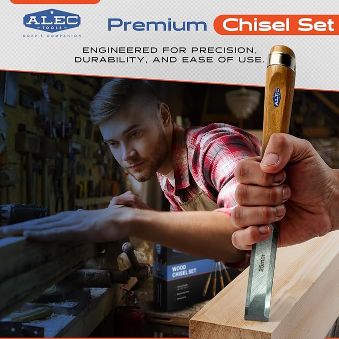 Wood Chisel Set Carpenter Tools – 4Pcs Beech Wood Carving Set with Sharpening Stone, Honing Guide – Woodworking Chisels with Pre-Sharpened Steel Blades – Ideal for Pros, DIY, Hobby