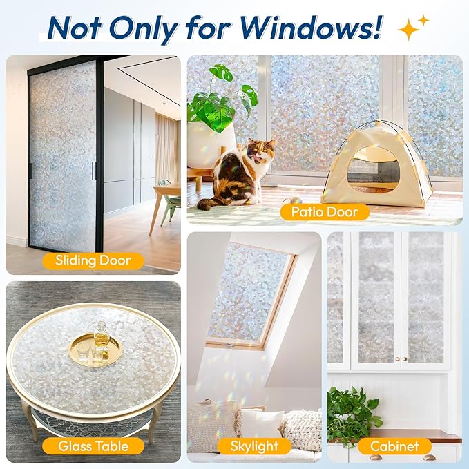 rabbitgoo Rainbow Window Privacy Film Decorative Stained Glass Diamond Pattern Window Sticker with Iridescent Tint Non-Adhesive Static Cling for Home Office Crystal Pattern, 35.4 x 78.7 inch