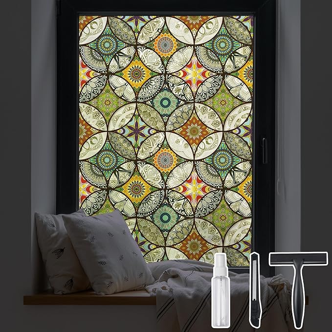 DKTIE Static Cling Decorative Window Film with Installation Tools Non Adhesive Privacy Film Stained Glass Window Film for Bathroom Shower Door Heat Cotrol Anti UV 35.4 x 118.1 Inch