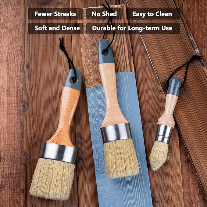 Mister Rui Chalk Paint Brushes, 3 Pack Wax Brush Set, Round Paint Brush Use with All Paints, Natural Bristle Brush for Painting, Stencils, Waxing, Home Decor, DIY Art Crafts