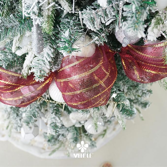 MEEDEE Burgundy and Gold Deco Mesh 10 Inch Metallic Striped Deco Mesh Christmas Mesh Ribbon for Christmas Tree, Wreaths, Garland, Gift Wrapping, Bows Making (30 Feet)