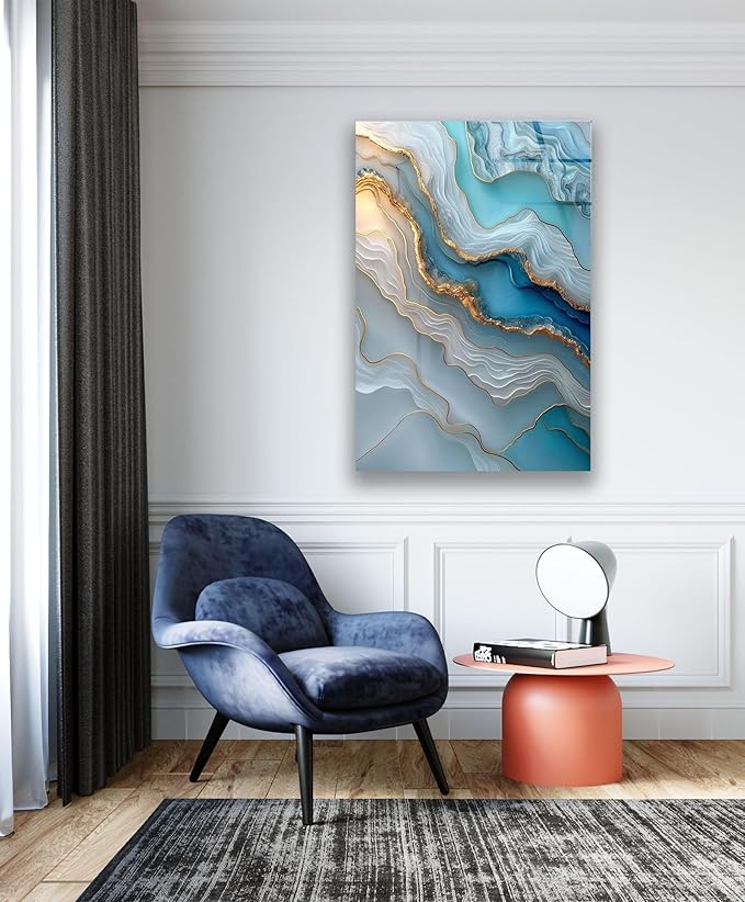 My Photostation.com 24Wx30H'' Turquoise and Blue Alcohol ink Glass Wall Art Tempered Glass Printing Wall Decor Large Wall Art Wall Hangings