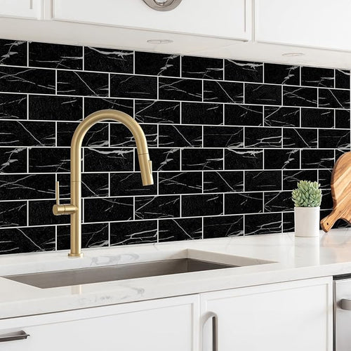 100 Pieces Peel and Stick Backsplash for Kitchen, 3" x 6" PVC Subway Tile Upgraded Nero Marquina with White Grout Backsplash Stick on Tile Elevate Kitchen, Bathroom, Fireplace,RV