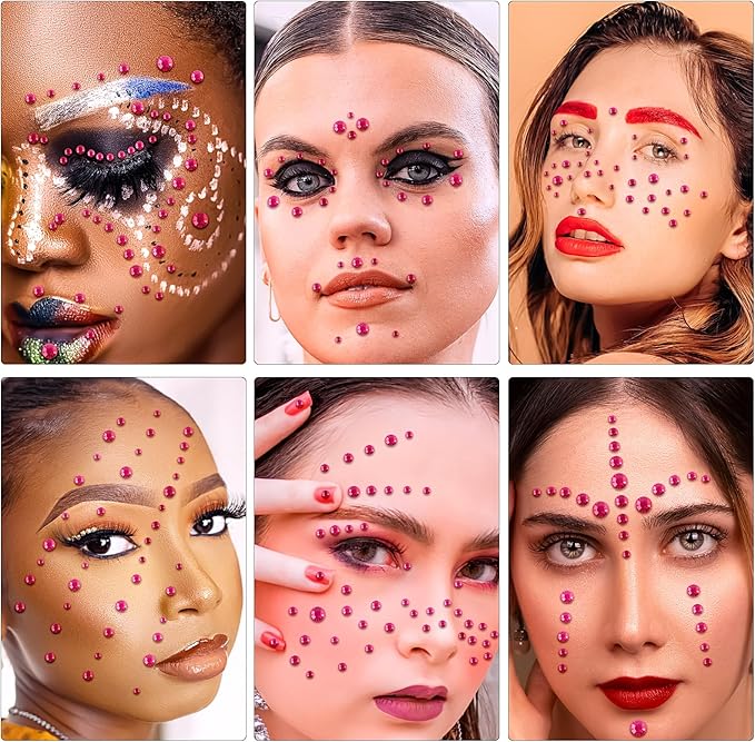 Self Adhesive Face Gems and Pearls for Makeup, Festival Jewels, Hair Gems Pearls, 3/4/5/6/8 mm Round Rhinestone Stickers for Face, Eye, Makeup, Body, Crafts 591Pcs (01_Rose red)