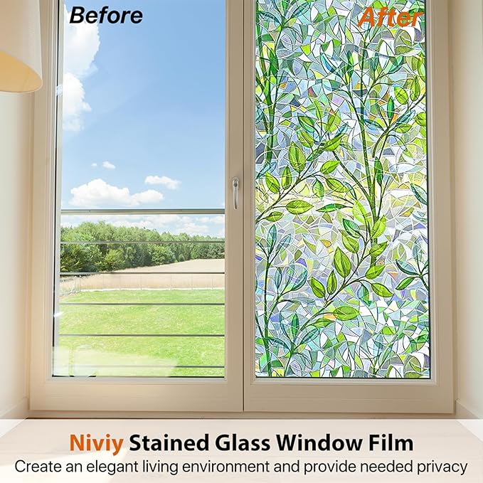 Niviy Window Privacy Film Stained Glass Window Film with Installation Tools, Rainbow Windows Decorative Decals Non-Adhesive Reusable for Home, Bathroom, Glass Door (Leaf Rainbow, 17.5 x 78.7 in)
