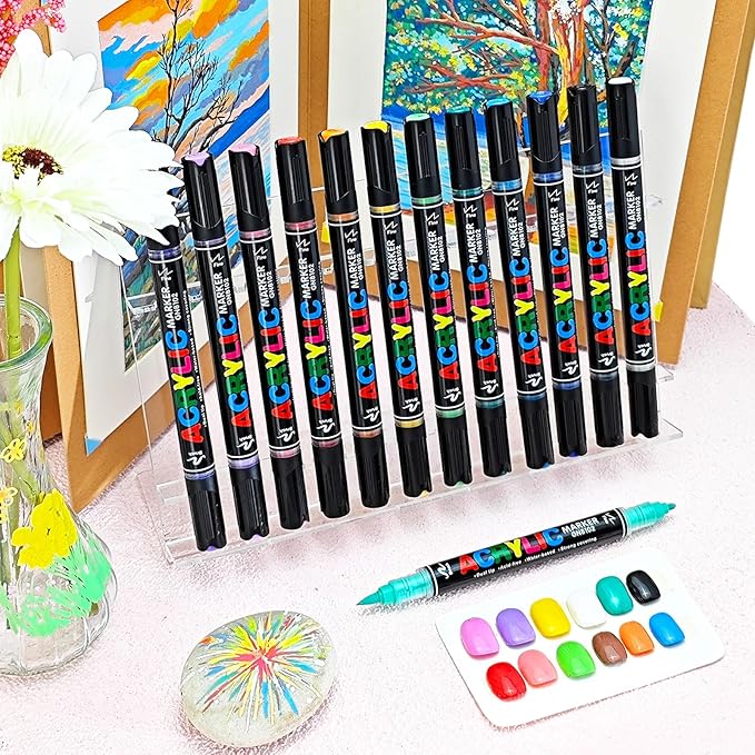 Guangna 120 Colors Acrylic Paint Markers, Dual Tip Paint Markers Pens Set with Soft Brush Tip, Multifunctional Fine Tip Markers for Wood,Canvas, Rock Painting,Glass,Diy Crafts Art Supplies, Waterproof