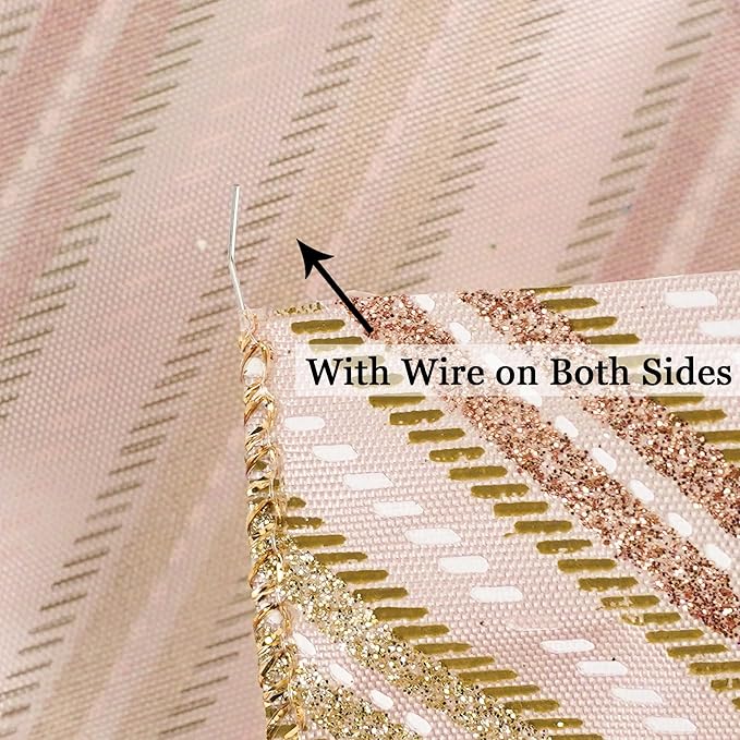 MEEDEE Pink Diagonal Striped Ribbon 2.5 Inch Blue Satin with Rose Gold and Champagne Glitter Wired Ribbon for Christmas Tree, Garlands, Wreaths, Topper Bow (10 Yards)