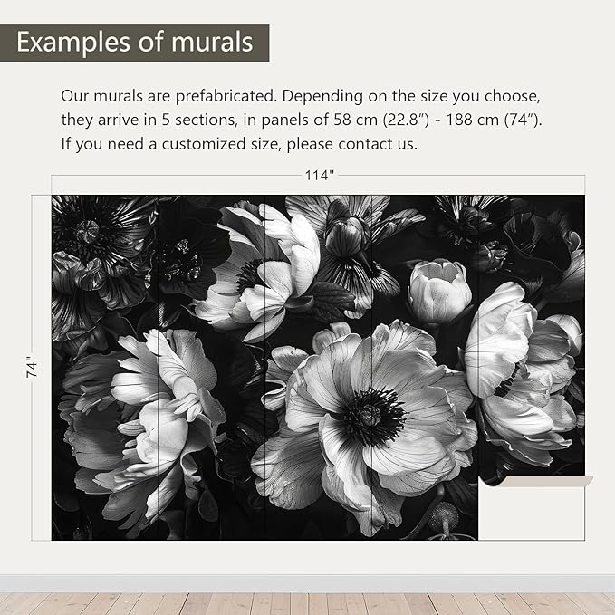 AFZEVEB-Black Peony Floral Wallpaper Vintage Large Flower Wall murals for Bedroom 114"x74"(Not Peel and Stick)