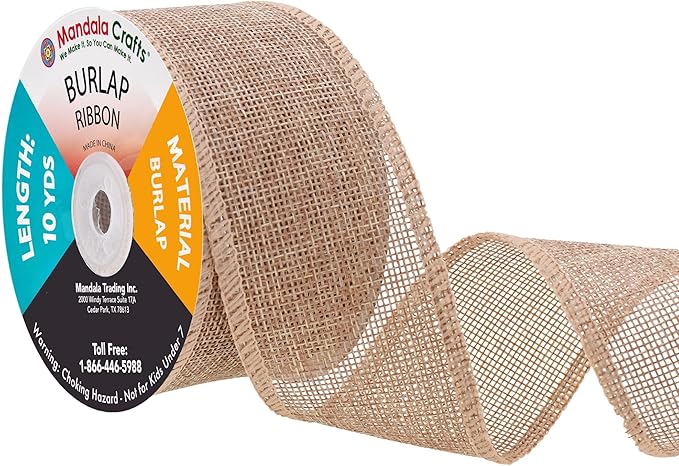 Mandala Crafts Natural Burlap Ribbon 2 Inches Wide Jute Ribbons for Crafts - 20 Yds Roll Rustic Burlap Wrap Trim Ribbons for Wreaths Bows Wedding Party Decoration
