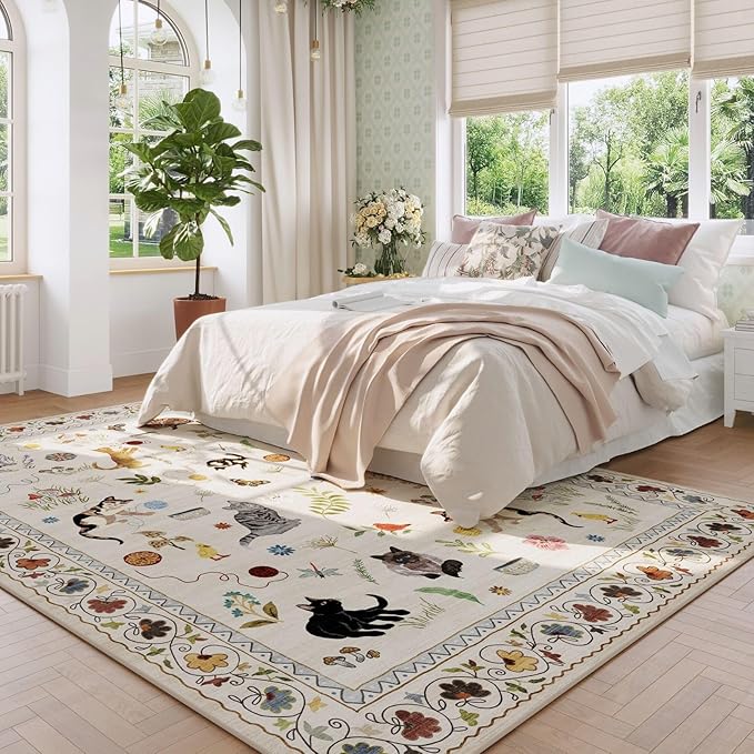 Rugcomf Living Room Rug 6x9 Rug Machine Washable Boho Area Rug Non Slip Floral Animal Cat Vintage Low Pile Large Rug for Living Room Bedroom Farmhouse Dining Room Kids Playroom, Beige