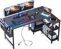 ODK 48 Inch Small L Shaped Gaming Computer Desk with Power Outlets, Corner Desk with Reversible Storage Shelves & PC Stand for Small Space, Modern Simple Home Office Table, Carbon Fiber Surface, Black