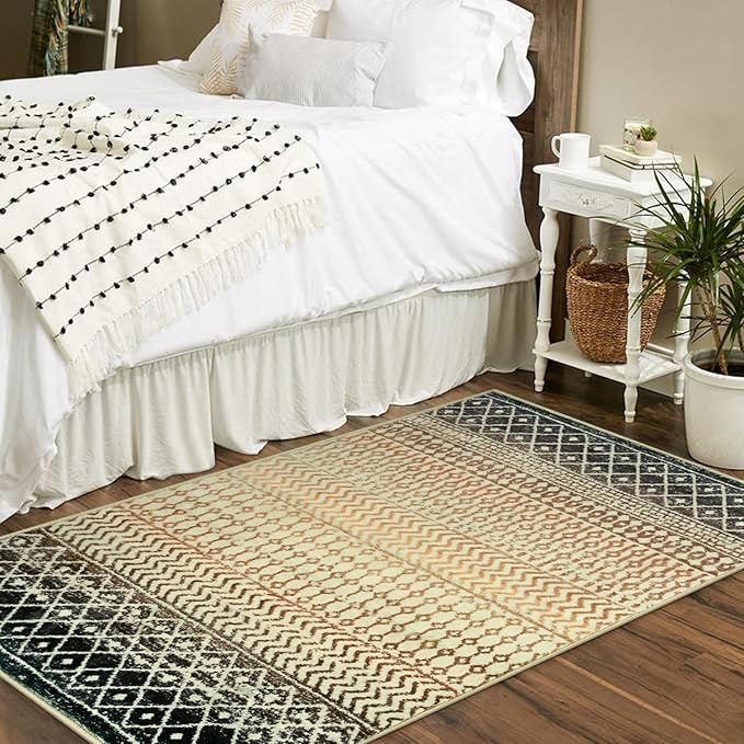 Moroccan Area Rugs 3x5,Ultra Soft Washable Rugs for Living Room, Low-Pile Non-Slip Retro Distressed Brown Rug for Bedroom Entryway Kitchen Home Office Dorm