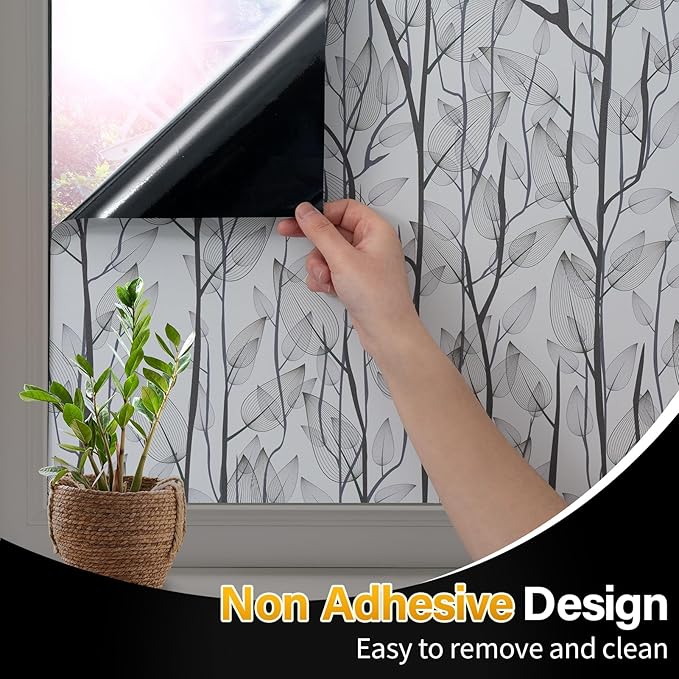 Leaf Pattern Window Tint with Installation Tools, Blackout Window Cover, Sun Blocking Window Tint for Home (Full Blackout Opaque, 17.7'' x 78.7'')