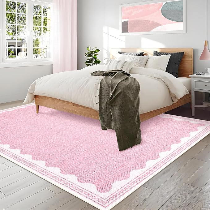 Scalloped Washable Rug 8x10 Area Rugs for Living Room, Solid Pink Rug for Bedroom Girls, Non Slip Throw Carpet with Rubber Back, Soft Dorm Nursery 8x10 Rugs for Dining Room
