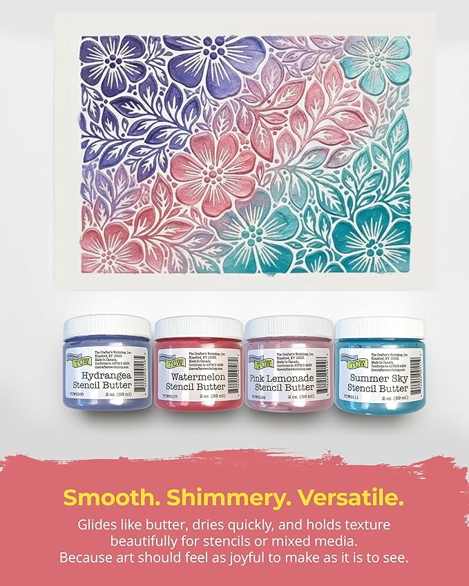 The Crafter's Workshop Stencil Butter - Blooms Acrylic Paint Set - Boutique Metallic Texture Paste for Art, Canvas, Journals, & Cards - 4 x 2oz Jars