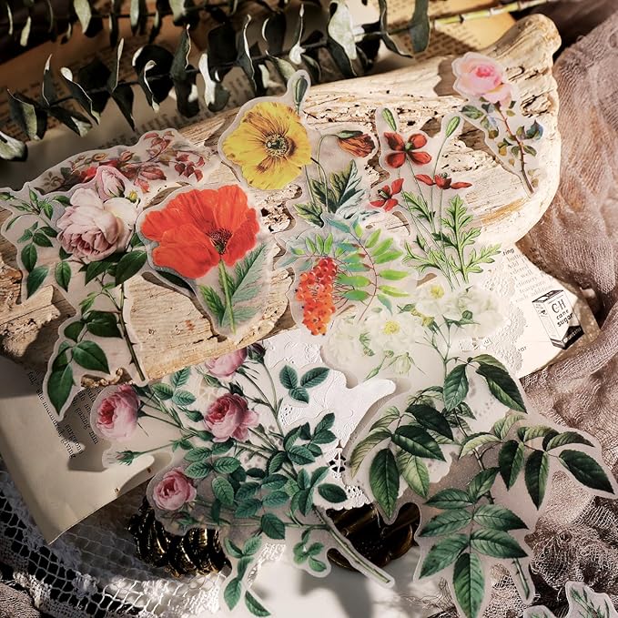 Vintage Vellum Stickers Floral Plants Elements Scrapbooking Supplies Flowers Botanic Natural Translucent Paper Self-Adhesive Junk-Journal Items (Floral)
