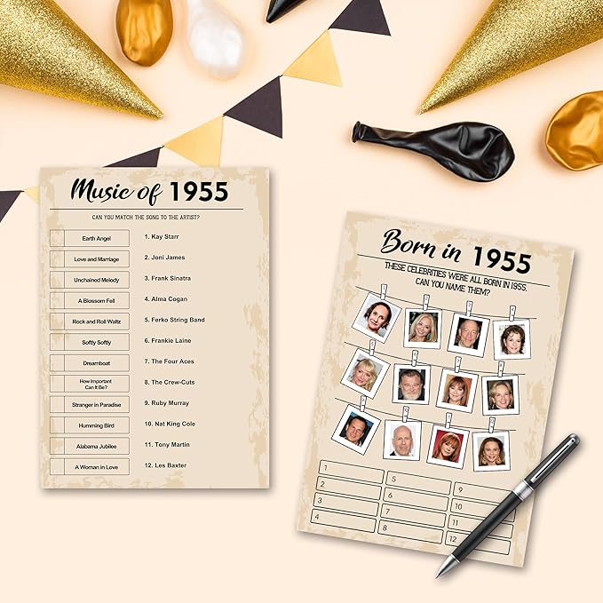 QUPT 70th Birthday Party Games, Set of 5 Activities for 10 Guests, Born in 1955 Games Bundle, Birthday Party Supplies for Adults, Pack of 50 Cards