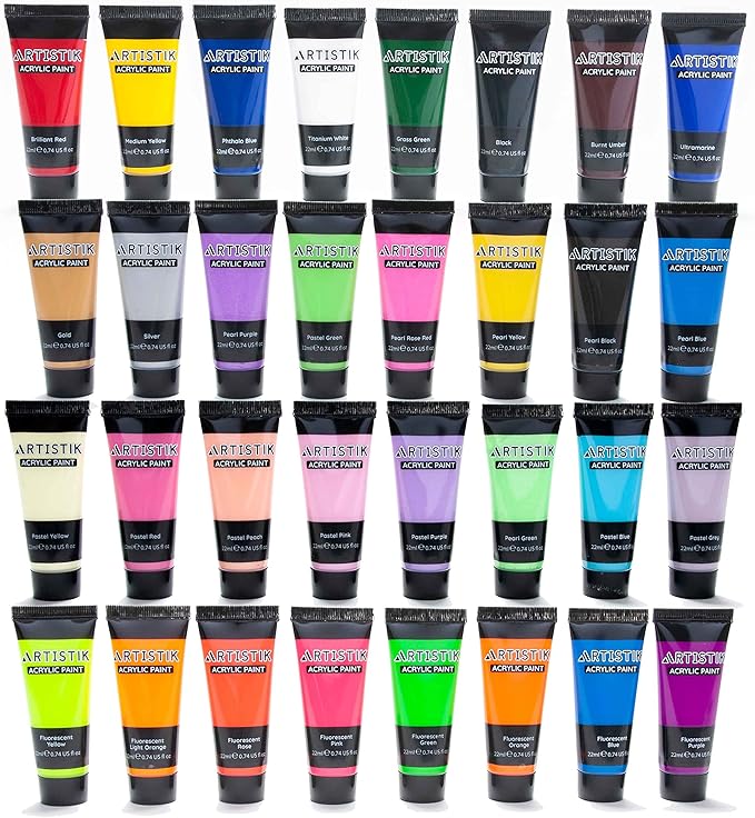 ARTISTIK Acrylic Paint Tube Set of 32-22ml Paint Tubes with 3 Brushes for Adults, Kids and Artists - Non-Toxic Artist Quality Paints for Canvas Painting, Wood Crafts, Ceramic and Art Supplies