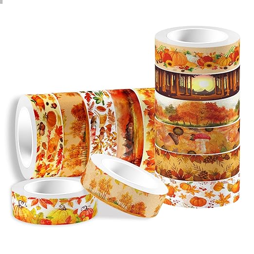 12 Rolls Fall Washi Tape, Thanksgiving Autumn Maple Leaves Pumpkin Masking Washi Tape Thanksgiving Harvest Decorative Tape Sticker for Scrapbook, Journal, DIY Craft, Gift Wrapping, Card Making