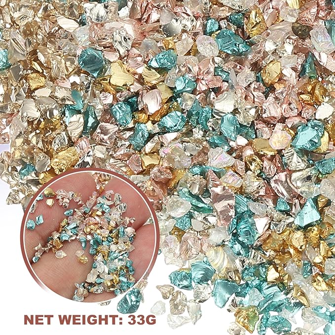 uxcell 6 Colors Crushed Glass Chips, 1-3mm Irregular Glitter Metallic Glass Broken Glasses Pieces with Laser Bag for Craft DIY Vase Epoxy Halloween Decoration 33g, Gold Color Series