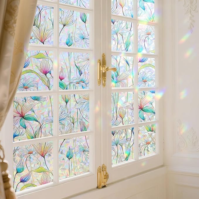Donox Decorative Window Privacy Film, 3D Floral Stained Glass Window Film Static Cling Rainbow Privacy Sticker for Glass Door Heat Control Anti UV, No Adhesive (Magnolia,17.5 x 78.7 inches)