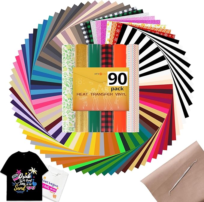 HTVRONT HTV Heat Transfer Vinyl Bundle, 90 Pack 12" x 10" Iron on Vinyl for t Shirts, 58 Assorted Colors HTV Vinyl with PTFE Sheet & Weeding Tools, Includes Glitter, Floral, Plaid, Neon, Geometric
