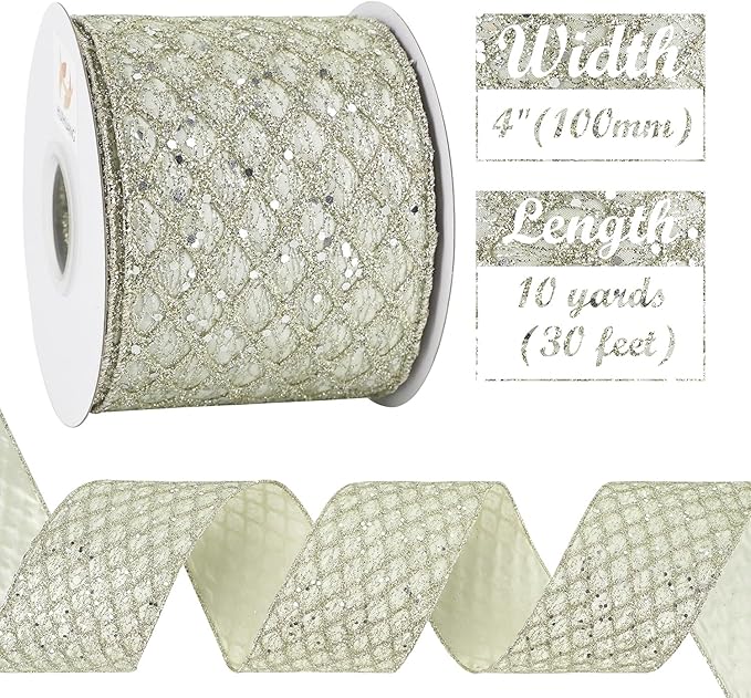 HUIHUANG Champagne Wired Ribbon 4 inch Glitter Christmas Tree Ribbon Diamond Mesh Wire Ribbon for X-mas Tree Decorations, Wreaths, Garland, Large Bows Making, Wedding Decor -10 Yards