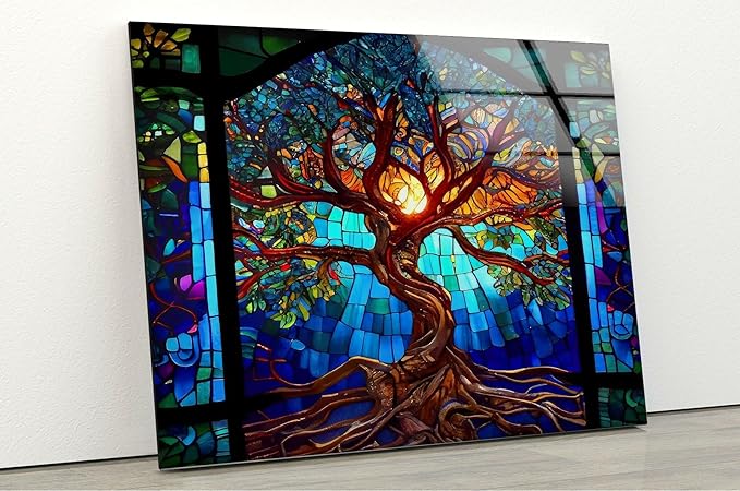 My Photostation.com Round 31,5'' Stained Blue Life of Tree Glass Wall ArtTempered Glass Printing Wall Decor Large Wall Art Wall Hangings