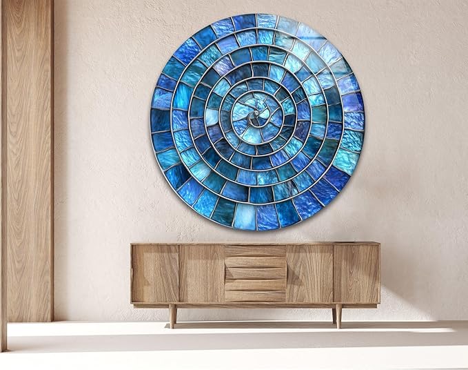 My Photostation.com 31.5''(80cm) Diameter Blue Aqua Spiral Harmony Round Glass Wall Art Tempered Glass Printing Wall Decor Large Wall Art Wall Hangings