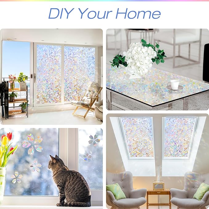 Homein Window Privacy Film, Rainbow Window Film Decorative 3D Window Clings Non Adhesive Window Tint for Home, Stained Glass Window Film for Glass, UV Blocking, 17.5 x 78.7 inches