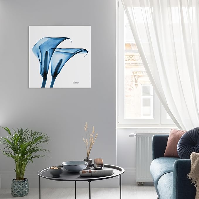 Empire Art Direct Frameless Free Floating Tempered Glass Panel Graphic Wall Art Ready to Hang, 24" x 24", Indigo Calla Lililes, Blue Flower