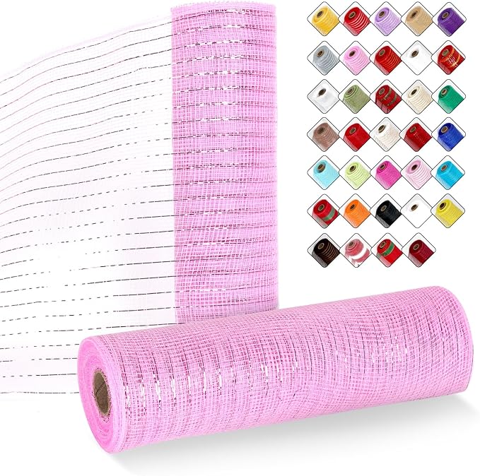 2 Rolls Mesh Ribbon for Wreaths 10 Inch x 30 Foot Wreath Mesh Rolls with Metallic Foil for Easter Christmas Party Wedding Home Decor DIY Craft Projects and Gift Wrapping (Pink)