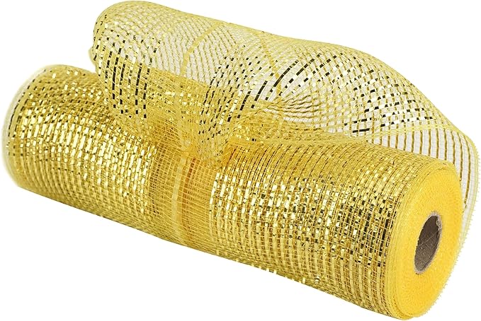MEEDEE Gold Deco Mesh 10 Inch Deluxe Wide Foil Metallic Pull Up Mesh Yellow Gold Decorative Mesh Ribbon for Christmas Tree, Wreaths, Garland, Gift Wrapping, Bows Making (30 Feet)