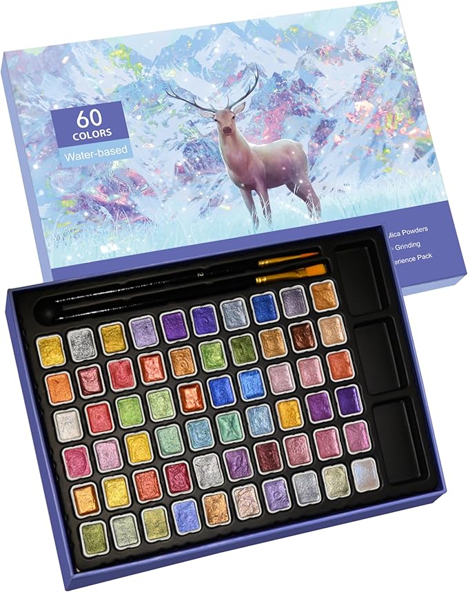 Mini Shimmer Watercolor Paint Set, 60 Colors Glitter Metallic Watercolour Painting Sets, Solid Pearl Water Color Paints for Artists, Amateur Hobbyists and Painting (60 Colors)