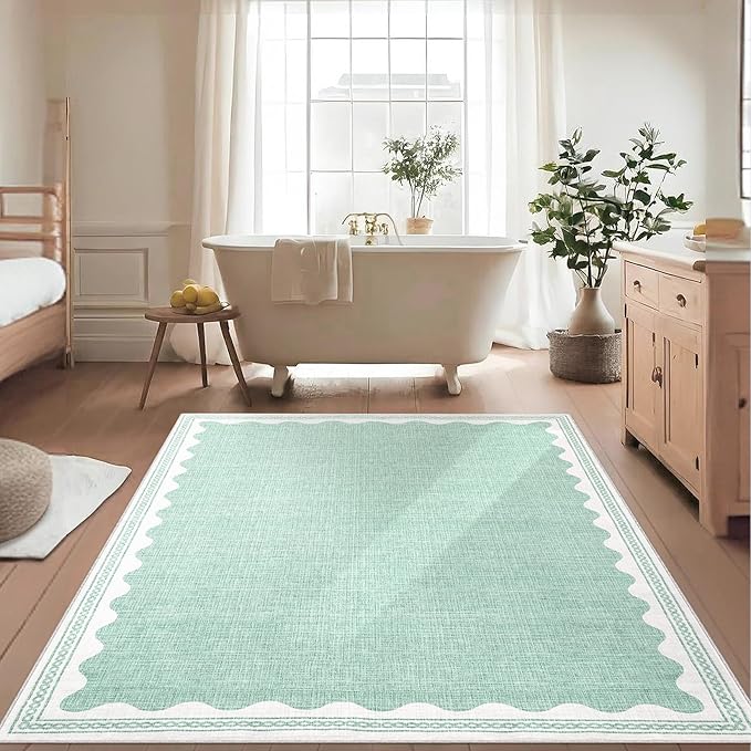 Scalloped Washable Rugs for Living Room, Solid Green 6x9 Area Rugs for Bedroom Girls, Non Slip Scalloped Rug with Rubber Back, Soft Dorm Nursery 6x9 Rugs for Dining Room