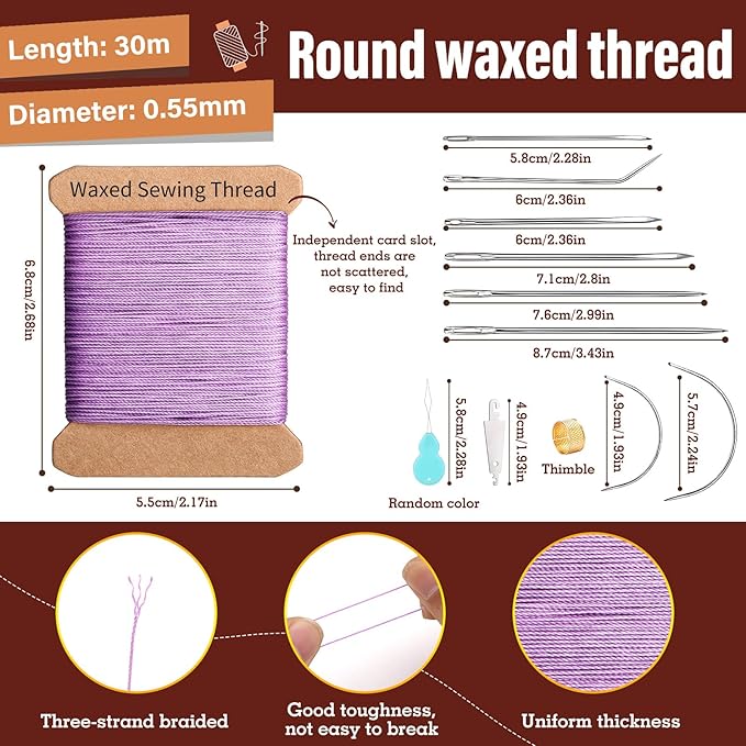 Upholstery Repair Kit, Upholstery Needle with 32 Yard Waxed Thread and 8 Pcs Heavy Duty Leather Needles for Hand Stitching, Canvas & Quilting - 0.55mm Round Waxed Thread Purple