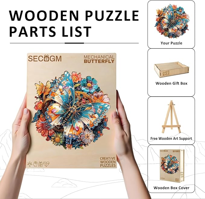 Wooden Puzzles for Adults - Mechanical Butterfly Wood Puzzles Adult - Unique Animal Shape Wooden Jigsaw Puzzles for Adults - Birthday Gifts for Puzzle Lovers, Family (8.4 * 8.4in)