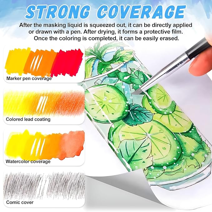 JAOJAO Watercolor Masking Fluid, Liquid Masking for Painting Watercolor Accessories with Silicone Pen Cleaning Brush Retouching and Covering for Painting and Various Art Projects Supplies,White 30ml