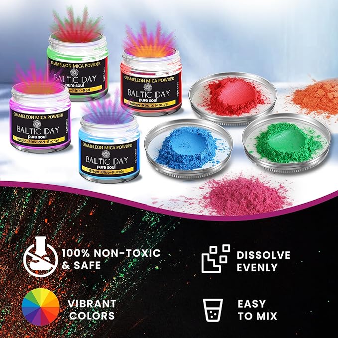 BALTIC DAY - Chameleon Mica Powder, 4 Jars of Color Shift Mica Powder Set - Epoxy Resin Color Pigment Powder - Chameleon Powder - Holographic Mica Powder