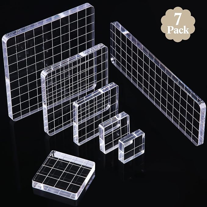Mudder 7 Pieces Acrylic Stamp Blocks Set Clear Stamping Blocks Tools for Kids with Grid and Grip Scrapbooking Craft Making, Decorative DIY Essential Stamping Tool(Straight Edge)