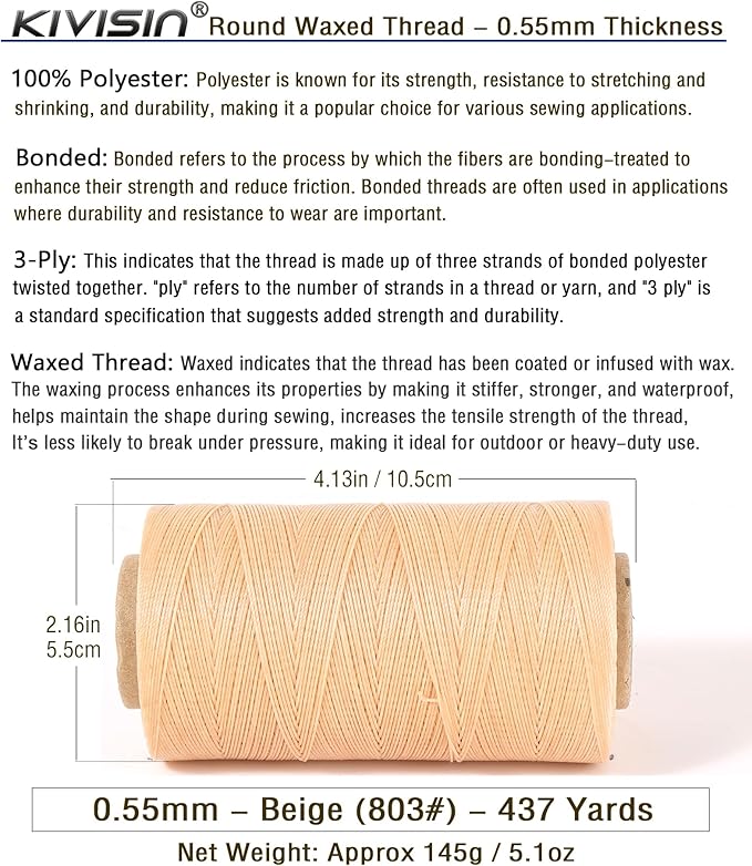 Sturdy Bonded Waxed Polyester Thread, 0.55mm, 437 Yards Wax String Cord - Beige for Leather, Hand Sewing, Stitching, Beading, Bookbinding, Bracelets and Macrame Jewelry Making