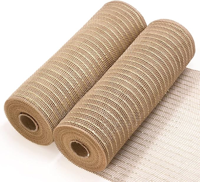 Koopi Deco Mesh 10 inch x 30 feet Each Roll, Set of 2 Tan Burlap with Champagne Metallic Foil Poly Mesh Ribbons for Wreaths, Swags, Craft, Party and Decorating Supplies- 2 Rolls