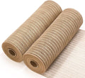 Koopi Deco Mesh 10 inch x 30 feet Each Roll, Set of 2 Tan Burlap with Champagne Metallic Foil Poly Mesh Ribbons for Wreaths, Swags, Craft, Party and Decorating Supplies- 2 Rolls