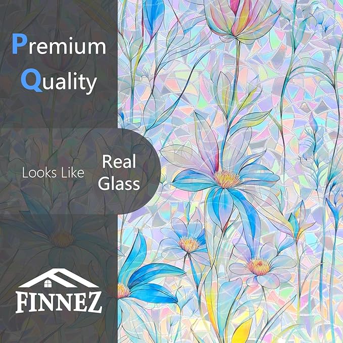FINNEZ Window Privacy Film Stain Glass Film Flowers Rainbow Window Film Window Clings Non-Adhesive Reusable Decorative for Home（Blue Lotus，45.2 Inch x 13.1 Feet）