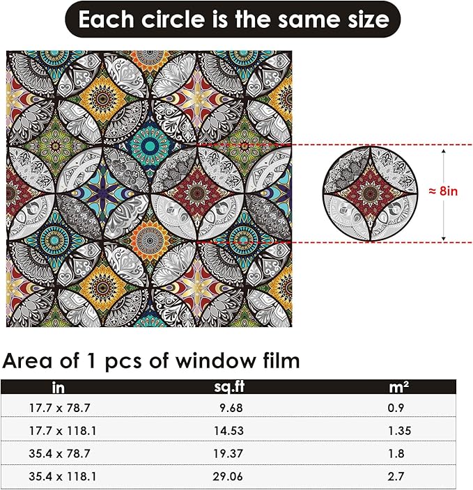 DKTIE Boho Chic Window Privacy Film with Installation Tools - Soften Light, Reduce UV Rays, Decorative Stained Glass Window Tinting Film for Home, Window Clings, 17.7 x 118.1 Inch
